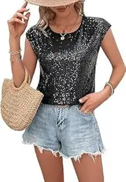 [Generic] Sequin Tops for Women Crewneck Sleeveless Sparkly Sexy Crop Tank Top Clubwear Camisole Vest