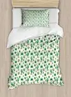 Duvet Cover Set, Cactus Pattern on a Plain Background Minimal Shapes Fun