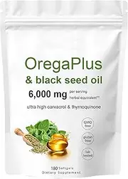 Oil of Oregano Softgels 6000mg Per Serving, 180 Count | 2 in 1 Formulated with Black Seed Oil 200mg, 4X Strength Carvacrol & Thymoquinone | Plant Based, Non-GMO & Immune Support (1pcs)