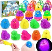 JOICEE 24 Pack Easter Eggs Filled LED Chick Duck Puffer Balls,Light Up Glowing Stress Relief Fidget Squeeze Sensory Soft Ball for Kids Easter Basket Stuffers Easter Eggs Hunt Gifts Party Favors