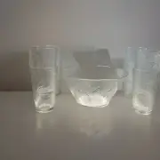 Vintage Coca Cola Clear Glass Bowl EMBOSSED Coke Bottles & 8 Pint Glasses