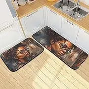 XYMZR Kitchen Mat African American Woman for Floor, 2 Piece, Non Slip Washable Kitchen Rugs for Kitchen & Home Decor, Sink, Bathroom 19.7” x 27.6” + 19.7” + 47.2”