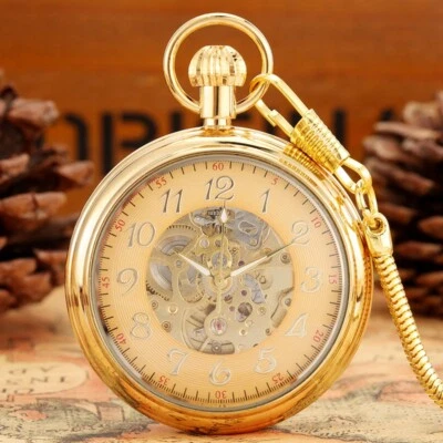 Men's Open Face Automatic Pocket Watch with Pendant Chain Fob Watches Xmas Gifts