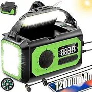 NEPIVEL 12000mAh Emergency Radio,Multi-Function AM/FM/NOAA Weather Radio,2 Solar Panels,Hand Crank,USB Cable 3 Charging Methods,SOS Alarm,Flashlight,Phone Charger,Compass,Reading Lamp (Green)