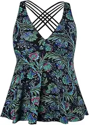 [Firpearl] Women's Swimwear Tie Front Swimsuit Retro Tankini Top with Floral Print