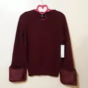 NWT: Love Token: Knit Sweater with Faux Fur Cuffs in Wine Merlot Red