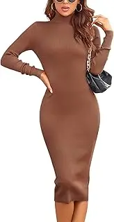[Rocorose] Women's Turtleneck Ribbed Elbow Long Sleeve Knit Sweater Dress