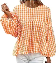 [bawilom] Women's Casual Gingham Print Peplum Blouse Long Lantern Sleeve Round Neck Shirts Trendy Cute Classic Plaid Tops