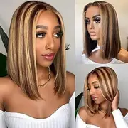 wigs for women Short 13x4 Ombre Bob Wig Human Hair Straight 4/27 Honey Blonde Lace Front Wigs wig with bangs(10inches)