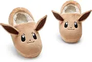 [Pokémon] Pokemon Girls Slippers | Childrens Eevee Character Face Slip-On Loafer Slippers with 3D Ears | Kids Pocket Monsters Fur Lined House Shoes in Brown | Game TV Series Indoor Bedroom Footwear Merchandise