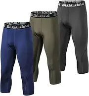 [BUYJYA] 3 Pack Men's 3/4 Compression Pants Running Tights Workout Leggings Athletic Cool Dry Yoga Gym Clothing Gift