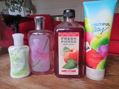 (4) NEW Bath & Body Works Bottles Body Wash Gel Lotion Cream Cucumber Apples