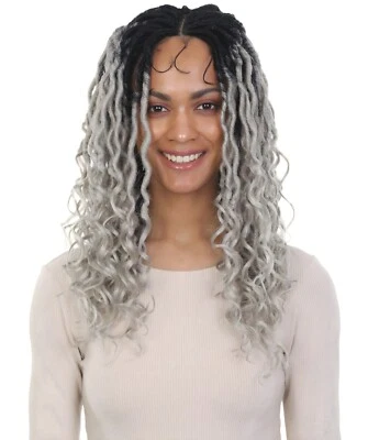 LUXLUXE Andrea 4x4 Curly Long 4X4 Hand Tied Lace Braid Black to Grey Ombre Wig