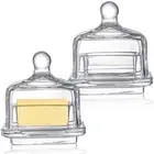 2 Pack Glass Butter Dishes with Lids, Mini Butter Keeper Containers, Clear Bu...
