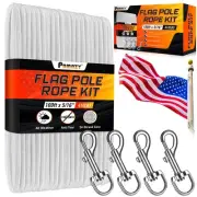 5/16" 100Ft Flagpole Rope Kit with 4 Swivel Snap Hooks - Durable Replacement