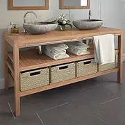 Solid Teak Bathroom Vanity Cabinet, 132x45x75 cm, Freestanding Sink Storage with 4 Seagrass Baskets, Handrails