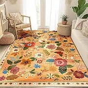 Rugs Living Room 160 x 200 cm Area Rugs for Bedroom Washable Rug Non Slip Short Pile Carpet for Bedroom,Dining Room Retro Ethnic Style Large Flowers Orange