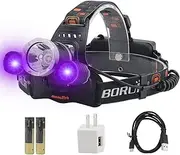 BORUiT RJ-3000 LED Headlamp with Purple UV Light - 5000 Lumens Purple Ultra Violet Headlight -Detect Fake Money/Jewelry - Pet UV Urine & Stain Detector- Find Fluorescent Agent on Clothes