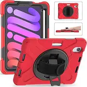 ZenRich Shockproof Case for iPad mini 7 (A17 Pro) 2024/ iPad mini 6th 2022, Heavy Duty Rugged Case with Pencil Holder/360°Rotating Kickstand/Handle/Carrying Shoulder Belt,Red
