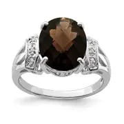 Sterling Silver Rhodium Oval Checker-Cut Smoky Quartz u0026 Natural Diamond Gemstone Birthstone Ring Fine Jewelry Gift for Her