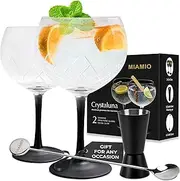 [MIAMIO] Gin & Tonic Glasses Set of 2, Gin Glasses for Gin Lovers 650 ml/Gin Glass Balloon with Modern Black stem incl. Spoon & Measuring Cup