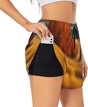[GaxfjRu] Autumn Golden Grass Landscape Print Women's Running Shorts High Waisted Running Shorts Pocket Sporty Gym Elastic Short, Black, XL
