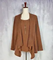 ALFRED DUNNER Waterfall Cardigan w/ Attached Tank & Gold Necklace SMALL Cognac