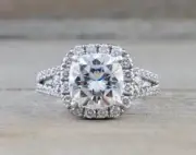 3 CT Cushion Moissanite Halo Cluster Split Band Engagement Ring 14K White Gold
