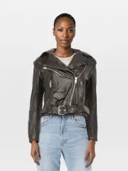 Black Leather Biker Zipper Jacket