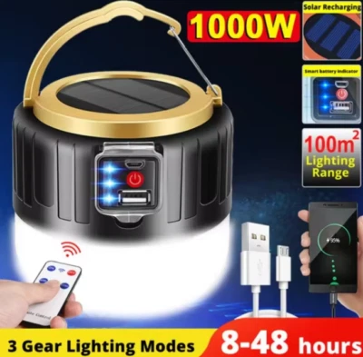 Portable LED Solar Camping Light Lantern Outdoor Tent Lamp USB Rechargeable