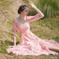 在飛比找樂天市場購物網優惠-雪紡印花兩穿粉色長洋裝(60-7066)