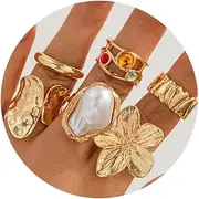 [PLwelth] 6Pcs Chunky Gold Rings Stackable Rings Set for Women Non Tarnish Statement Gold Plated Ring Stacking Open Ring Set Adjustable Trendy Accessories Jewelry Gifts for Her Birthday, Metal, No