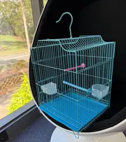 Bird Cage Arch Top Blue Silver 2 Feeders Perches 32x31x44cm Travel House Roof Pet