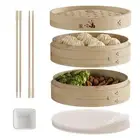 Bamboo Steamer Basket 10-Inch | 2-Tier Steamer for Cooking | 50 Liners, Chops...