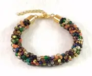 Jewelry Bracelet Kumihimo Braided Seed Beaded Crystals Gold Artisan Handmade