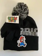 Super Mario Pom Beanie Winter Hat & Gloves Set - Kid’s Youth BLACK New