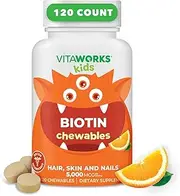 VitaWorks Kids Biotin 5000mcg Chewable Tablets - Tasty Natural Orange Flavor - Vegan, GMO-Free, Gluten Free, Nut Free - Dietary Supplement - Hair Skin and Nails Vitamins for Children - 120 Chewables