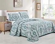 Linen Plus Quilted Coverlet Bedspread Set Turquoise Teal Grey Charcoal White New # Lori (King/Cal King)