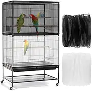 Bissap Bird Cage Seed Catcher, Universal Birdcage Net Nylon Adjustable Elastic Band Stretchy Skirts Mesh Cover for Parrot Cage Seed Guard (Not Include Birdcage) (White & Black, 59-90inch)