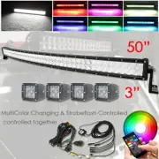 5D RGB 50 inch Curved LED Light Bar + 4x 3" Pods Bluetooth APP Control & Harness