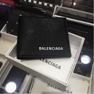 二手BALENCIAGA 巴黎世家 皮革 壓紋 白色logo 牛皮 黑色 大象灰 皮夾 對折 短夾 男女