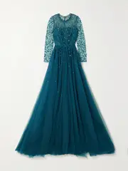 [Jenny Packham] Jenny Packham - Constantine Embellished Sequined Tulle Gown - Blue - UK 14 UK 14 Blue