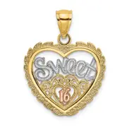 14k Two-tone Gold White Rhodium SWEET 16 In Heart Charm