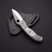 Hand made Hand engraved folding knife skull and leaf art engravings Premium gift