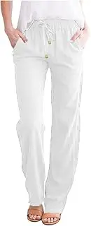 Wide Leg Linen Pants for Women Elastic High Waist Drawstring Casual Summer Pants Soft Lightweight Pants with Pockets