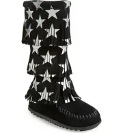 Minnetonka Girls Star 3 Layer Fringe Suede Tall Moccasin Boots Black Silver US 2