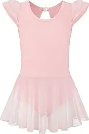 [Tegmk] Girls Ruffle Sleeve Ballet Leotard with Mesh Hi-Low Skirt Dance Dresses, Water-drop Hollow Back