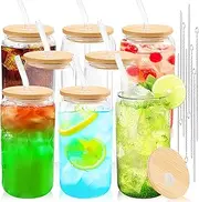 [Joyclub] Glass Cups with Bamboo Lids and Straws 8 Set 16 oz Reusable Iced Coffee Cup Beer Can Drinking Jars for Smoothie Whiskey Boba Soda Tea Gift