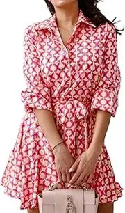 [SHINsuke] Women Cute Summer Floral Mini Shirt Dress, Sexy Casual Spring Long Sleeve V Neck Belt Short A-Line Swing Wrap Tunic Dresses