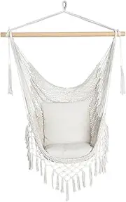 Groverdi Hammock Chair Hanging Rope Swing with 2 Cushions, Large Hammock Swing Chair for Outdoor Indoor, 120kg Weight Capacity, Cream
